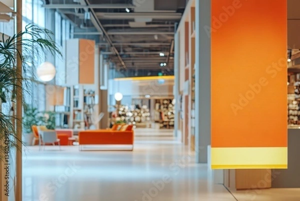 Obraz An energetic orange sale banner hanging in a modern store, set against a vibrant interior for a promotional event.