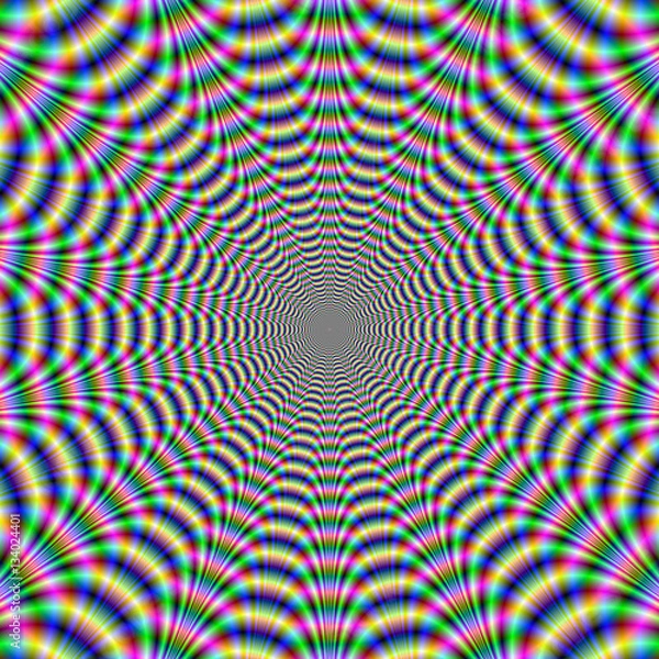 Fototapeta Psychedelic Web / An abstract digital image with an optically challenging psychedelic web design in yellow, pink, green and blue.