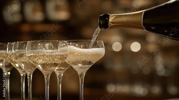 Obraz Champagne being poured into elegant glasses, with a warm, festive background creating a joyful atmosphere.
