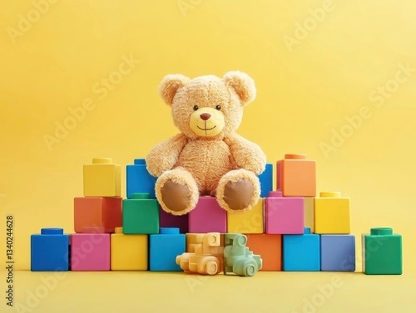 Fototapeta Colorful building blocks and a teddy bear arranged playfully against a bright yellow background, evoking fun and childhood memories.