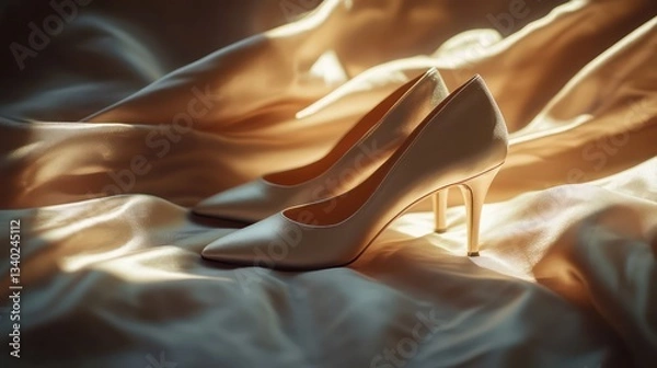 Obraz Elegant high-heeled shoes resting on a soft fabric, gently illuminated by warm sunlight, casting soft shadows