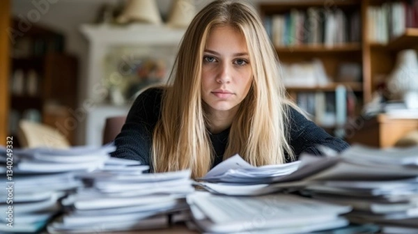 Fototapeta Young woman with blonde hair sits at a table buried in a large stack of papers, looking intently at the camera. The background shows a blurred, home library setting.