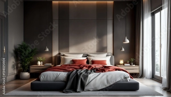 Obraz Modern Gray And Red Bedroom Interior Design With Natural Light