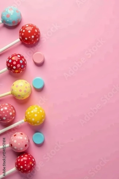 Fototapeta Colorful selection of sweet lollipops and candies on pastel pink background, sugary, assortment, confectionery