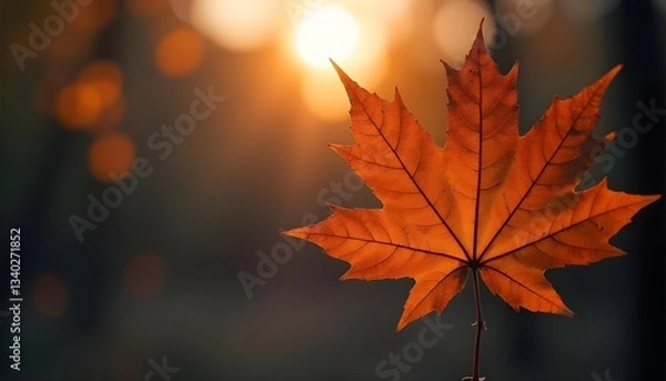Obraz Orange Maple Leaf with Blurred Background and Warm Light