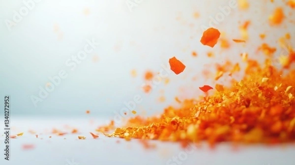 Fototapeta Vibrant orange flakes are scattered across a smooth surface, catching the light and creating a lively atmosphere in a bright setting