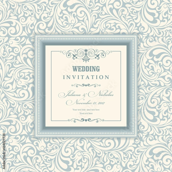 Fototapeta Wedding invitation cards in an vintage-style blue and beige. Beautiful Victorian ornament. Frame with floral elements. Vector illustration.
