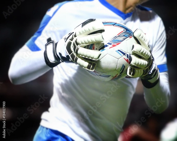 Obraz Goalkeeper catches soccer ball in the stadium, selective focus concept