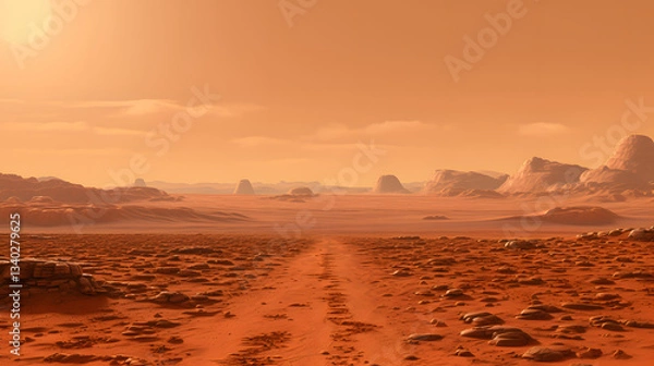 Obraz Majestic desert panorama showcasing the rugged terrain and unique features of elysium planitia with a vast expanse of orange and red sands.