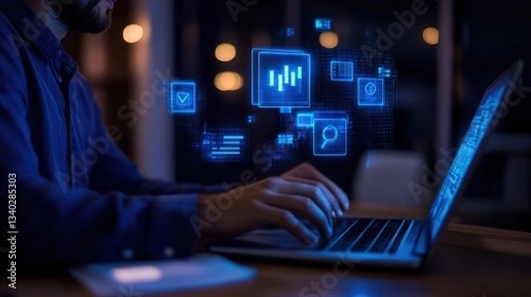 Fototapeta Person working on a laptop with digital interface elements