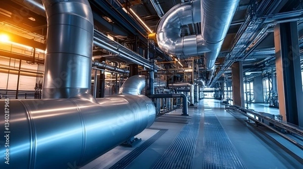 Obraz Exposed industrial building infrastructure with HVAC, electrical, and plumbing systems