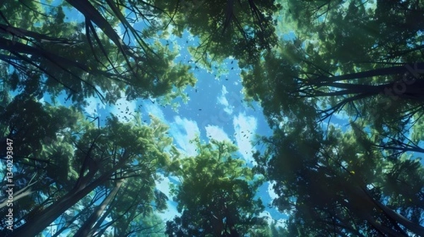 Fototapeta 
A mesmerizing upward view of a dense forest, showcasing tall trees with bright green foliage against a vivid blue sky.