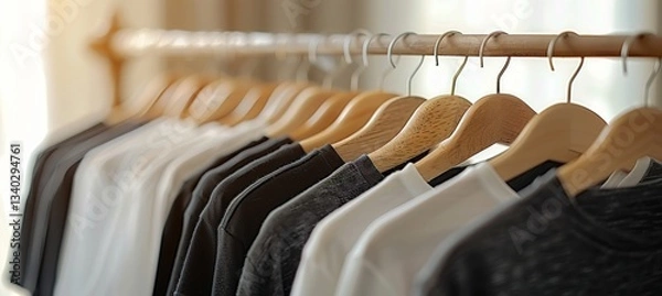 Fototapeta Stylish black and white t shirts elegantly displayed on a hanger for fashion enthusiasts