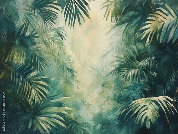 Fototapeta Lush Tropical Canopy Watercolor Painting Serene Jungle Scene with Palm Leaves and Sunlight Artistic Impression of Verdant Foliage and Exotic Flora