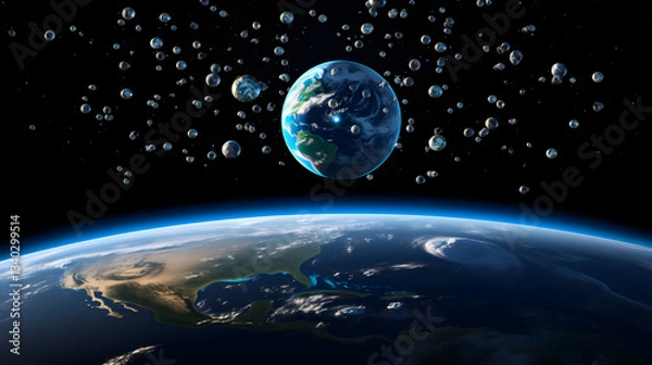 Fototapeta Planet with bubbles floating in the air creating a unique and enigmatic cosmic landscape in an interstellar environment.