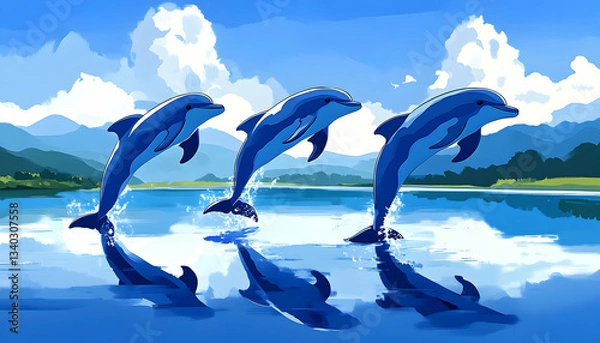 Obraz Three dolphins leaping joyfully in a tranquil ocean bay, majestic mountains and a vibrant sky forming a breathtaking backdrop.