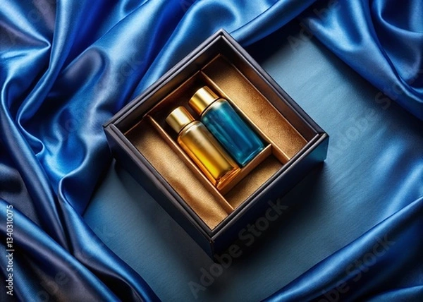 Obraz Luxury Essential Oil Box, Deep Blue Silk Background, Top-Down Flat Lay