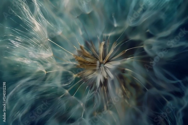 Fototapeta A hyper-realistic macro view of a delicate dandelion in full seed, with fine, feathery structures radiating from the center.