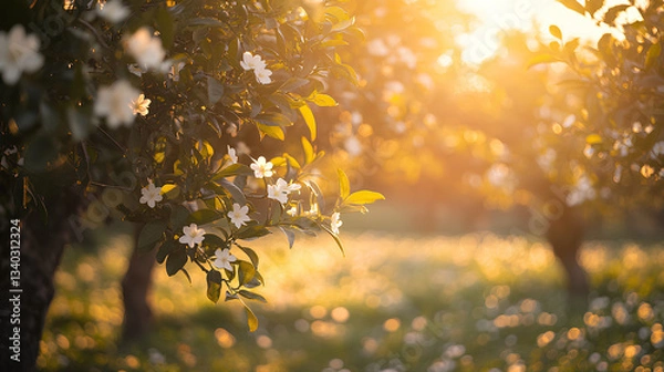 Fototapeta Sunlit orange grove with blossoming neroli flowers white petals and green leaves swaying in warm spring breeze  
