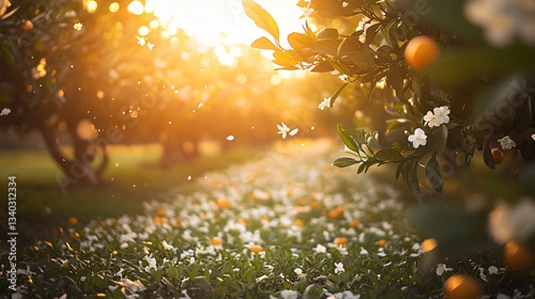Fototapeta Sunlit orange grove with blossoming neroli flowers white petals and green leaves swaying in warm spring breeze  
