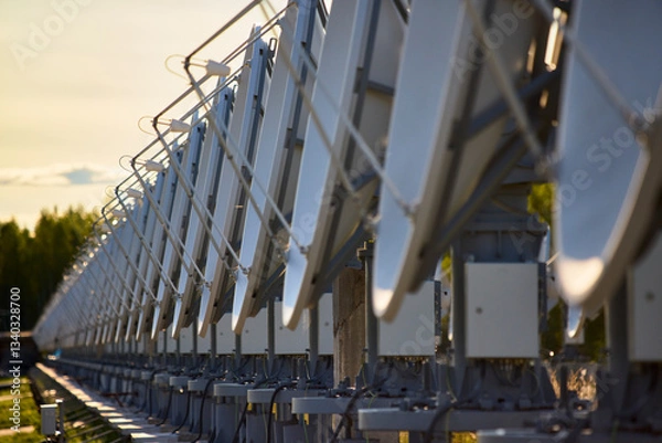 Fototapeta A row of solar radio telescope dishes against a forest background