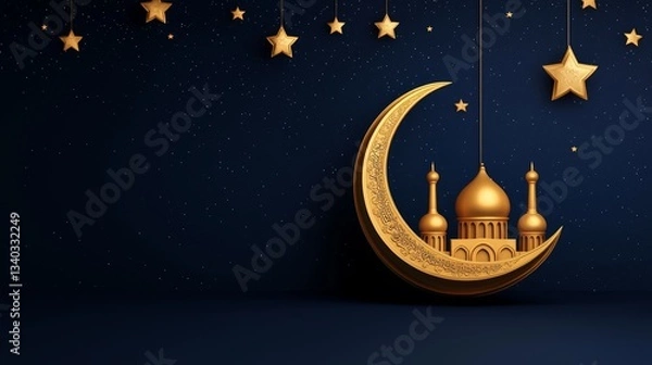 Fototapeta a golden crescent moon adorned with beautiful patterns and a silhouette of a mosque with domes and minarets. Include stars and lanterns hanging around the moon