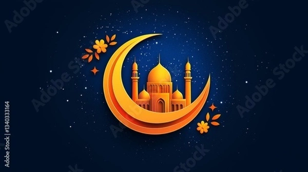 Fototapeta a golden crescent moon adorned with beautiful patterns and a silhouette of a mosque with domes and minarets. Include stars and lanterns hanging around the moon