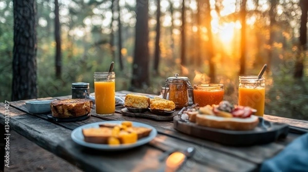 Fototapeta Enjoying a delicious breakfast feast in the forest outdoor dining experience morning serenity