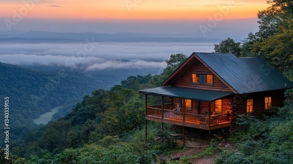 Obraz Sunset cabin retreat overlooking misty valley nature landscape photography tranquil environment serene view