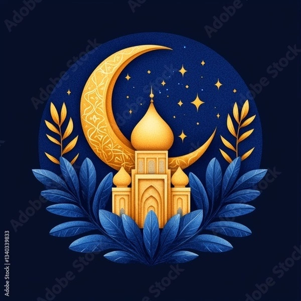 Fototapeta a golden crescent moon adorned with beautiful patterns and a silhouette of a mosque with domes and minarets. Include stars and lanterns hanging around the moon