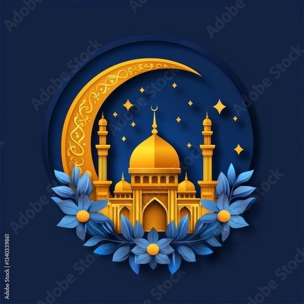 Fototapeta a golden crescent moon adorned with beautiful patterns and a silhouette of a mosque with domes and minarets. Include stars and lanterns hanging around the moon