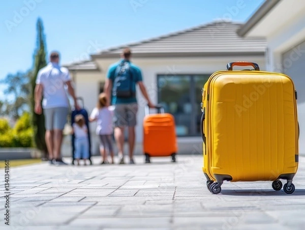 Fototapeta bright yellow suitcase stands in focus on paved driveway, with family in background walking towards modern house, suggesting cheerful arrival or departure