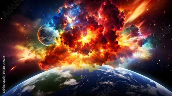 Fototapeta Planet surrounded by a colorful explosion of fire and smoke illustrating the stellar feedback mechanisms in a cosmic simulation.