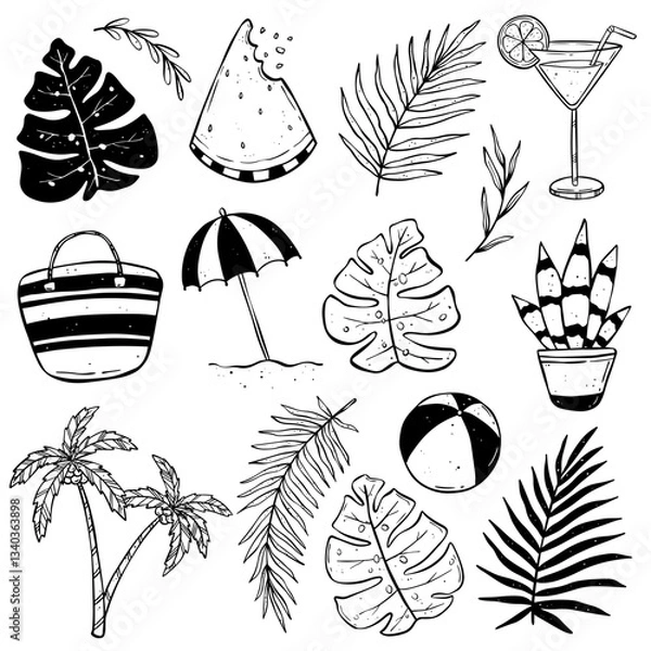 Fototapeta set of cute summer elements with doodle art style