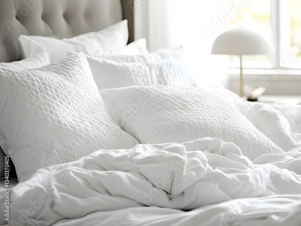 Fototapeta Elegant hotel room with messy white pillows and blanket, showcasing morning light filtering in, creating a cozy and luxurious atmosphere