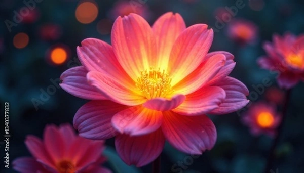Fototapeta Radiant light emanating from a circular pattern of bursting flowers, radiance, shimmering petals