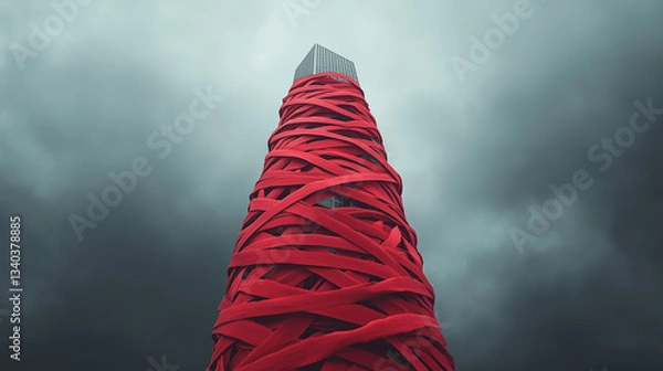 Obraz Monument Wrapped in Red: An imposing monument, swathed in vibrant red fabric, dramatically pierces a brooding, overcast sky.