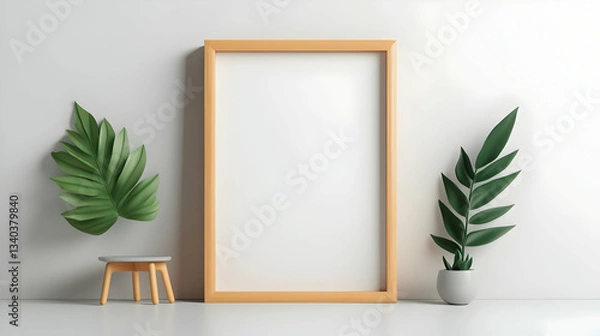Fototapeta Wooden Frame Mockup with Green Plants in a Minimalist Setting