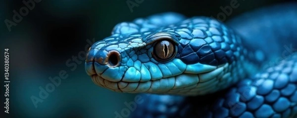Fototapeta Close-up of blue viper snake's head with pointed snout and sharp teeth, reptile portrait, snake habitat