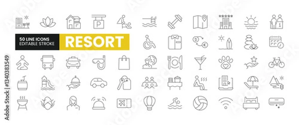 Fototapeta Set of 50 Resort line icons set. Resort outline icons with editable stroke collection. Includes Villa, Spa, Meditation, Room Service, Shopping, and More.