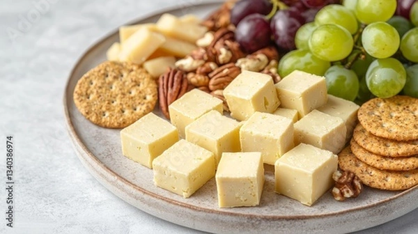 Obraz Vegan cheese alternative in dish concept. Cheese platter with grapes, nuts, and crackers on a rustic plate.
