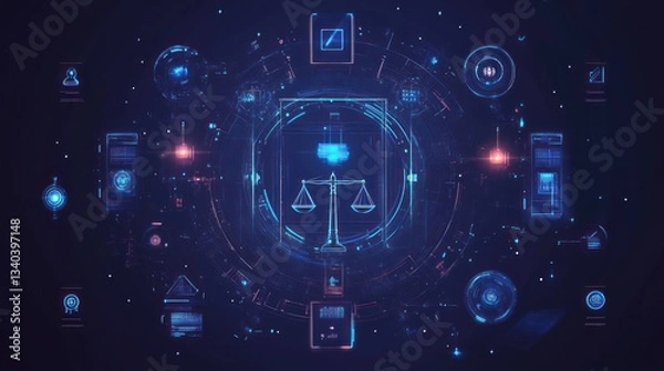 Fototapeta Digital justice concept, legal tech, futuristic interface,  global accessibility,  possible use stock photo for legal technology,  business, or innovation design