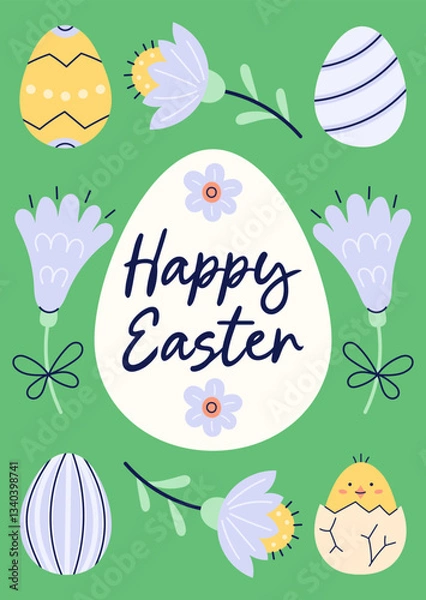 Fototapeta Happy Easter simple card with eggs and flowers. Design with text on green background. Happy Easter hand drawn card. Flat illustration with partial outline. Vector illustration.