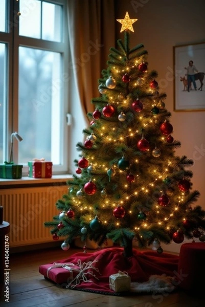 Obraz Evergreen tree with ornaments and lights in a decorated room , Indoor, Ornaments