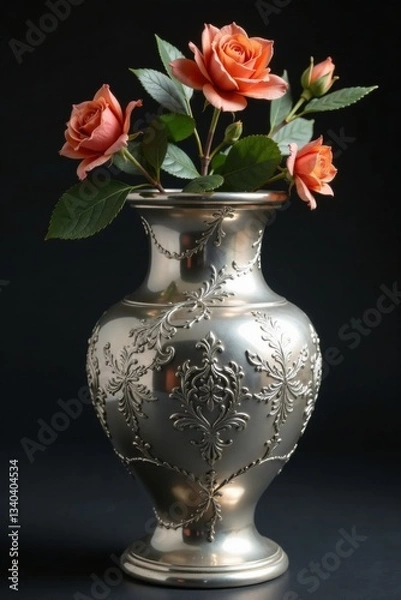 Fototapeta Elegant silver scroll with subtle patterns, wrapped around a decorative vase, floral arrangements, vases
