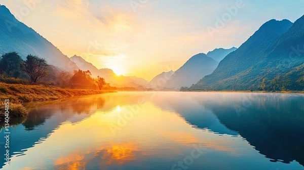 Obraz National park scenic landscapes idea. Breathtaking sunrise over tranquil lake with mountains reflecting on the water's surface.
