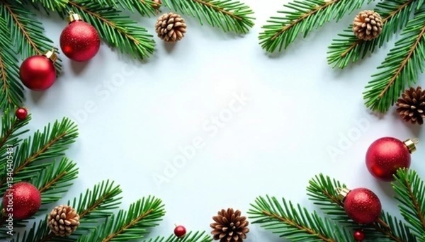 Obraz Fir branches with pine cones in a festive winter border, winter border, rustic pine cones, christmas decoration