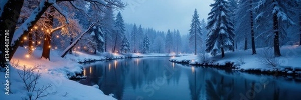 Fototapeta Frozen pond surrounded by snow-covered trees and twinkling lights , snowy forest, serene landscape, peaceful environment