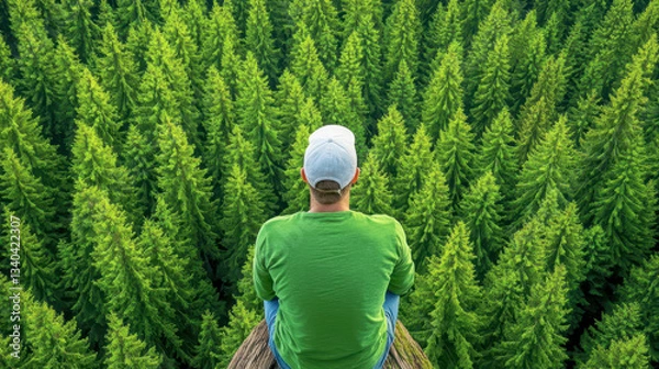 Obraz Man Sitting Amidst Lush Evergreen Forest