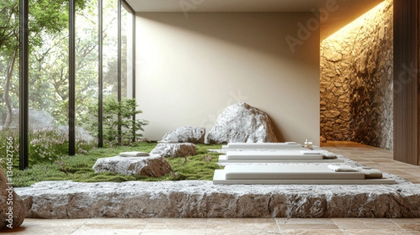 Fototapeta serene spa interior featuring natural elements, stone textures, and minimalist design, creating peaceful atmosphere for relaxation
